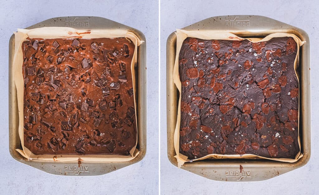 The first image shows smooth butternut squash brownie batter spread evenly in a rectangular baking dish, while the second image displays the finished, baked brownies in the same dish.