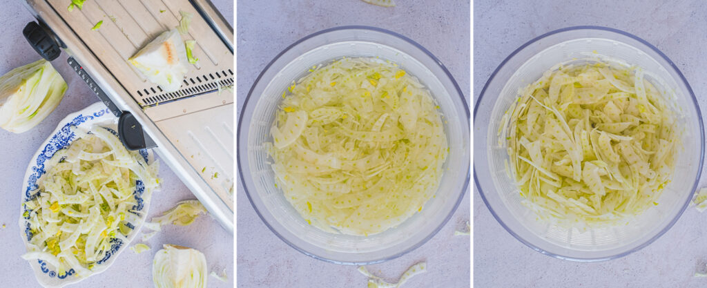 The process of preparing the fennel using a mandolin.