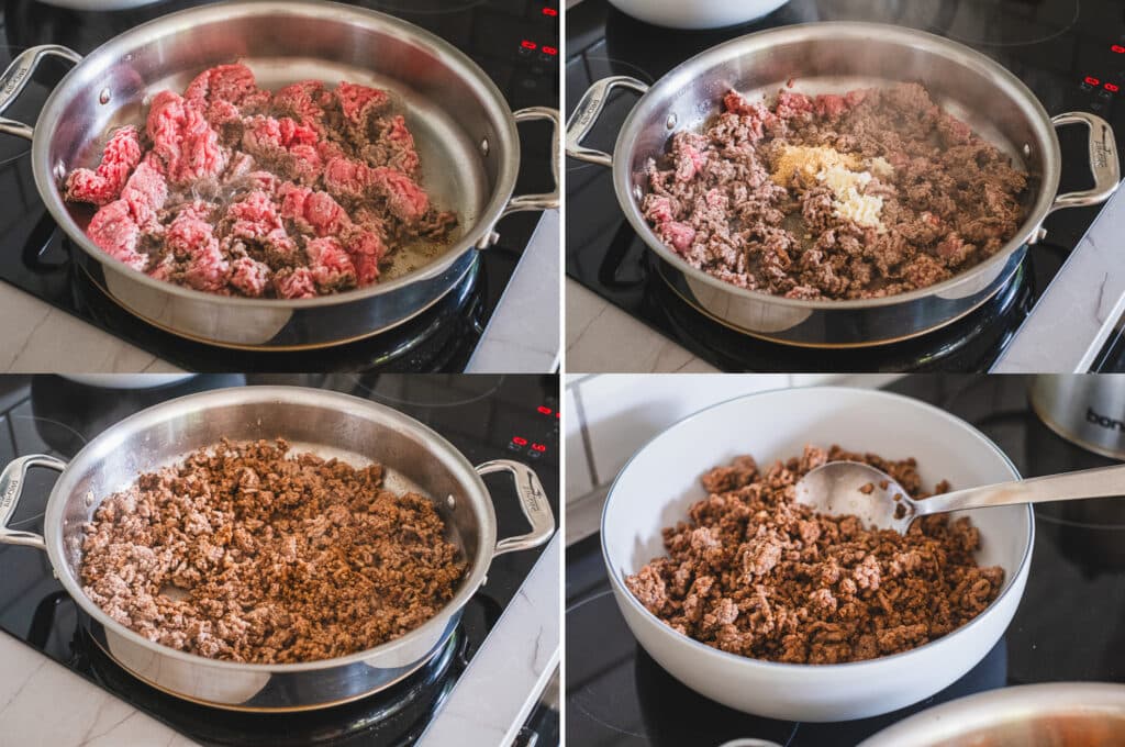 The process of cooking the ground beef in a pan.