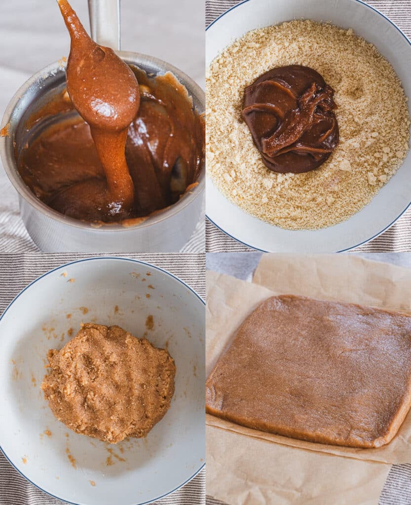 The process of making the snickers bars base layer.