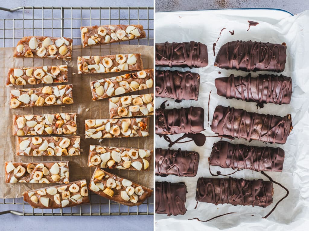 The frozen slab sliced into 14 even bars, and coated in glossy dark chocolate, arranged neatly to showcase their uniformity and rich chocolate coating.