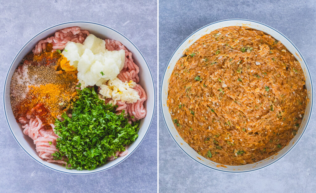 The process of combining all the ingredients into the chicken mixture.