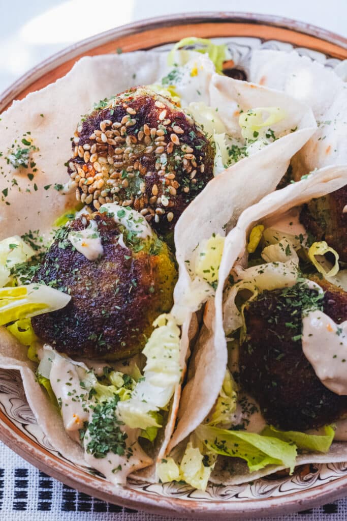 chickpea free cauliflower falafel with gluten free flatbread