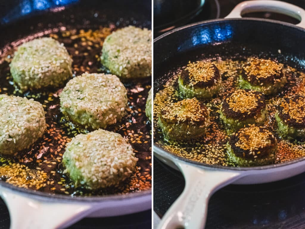 cooking chickpea free cauliflower falafel in a frying pan