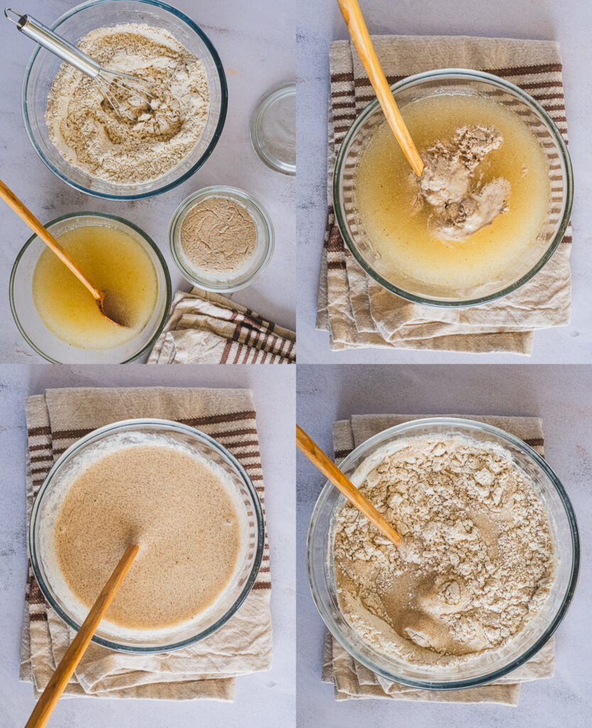 The process of mixing the dry ingredients, psyllium mixture, and the active preferment.