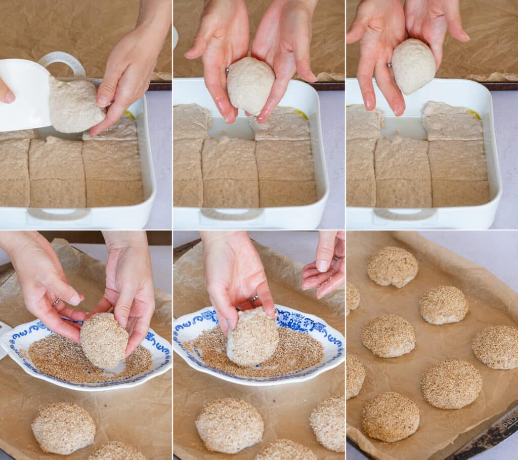 Forming each piece of dough into a bun, dipping it into sesame seeds, and placing it on the baking sheet.