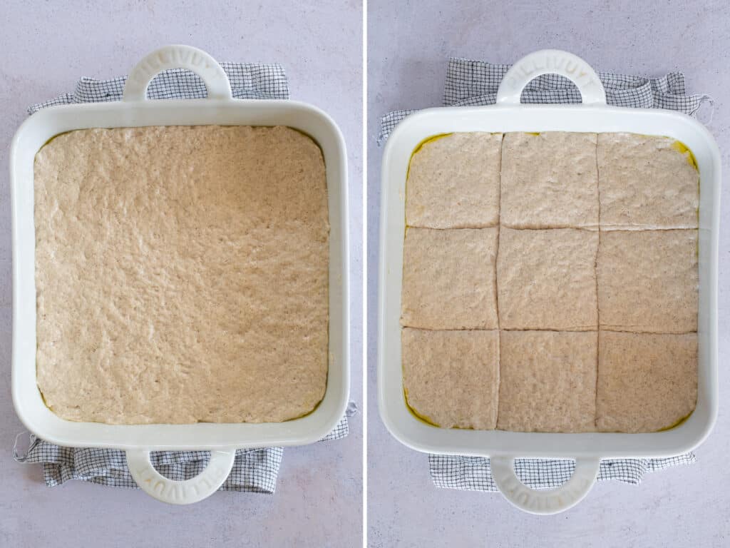 The dough, after it has proofed, has been divided into 9 equal squares.