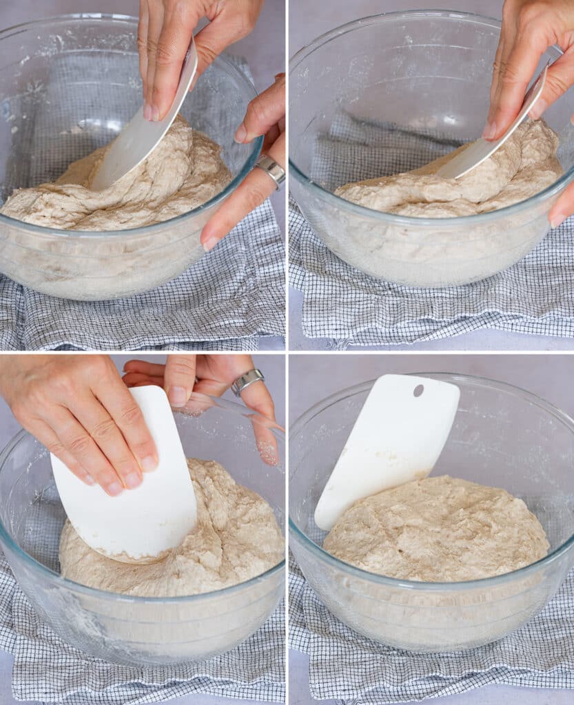 Using a plastic dough scraper to fold the dough.