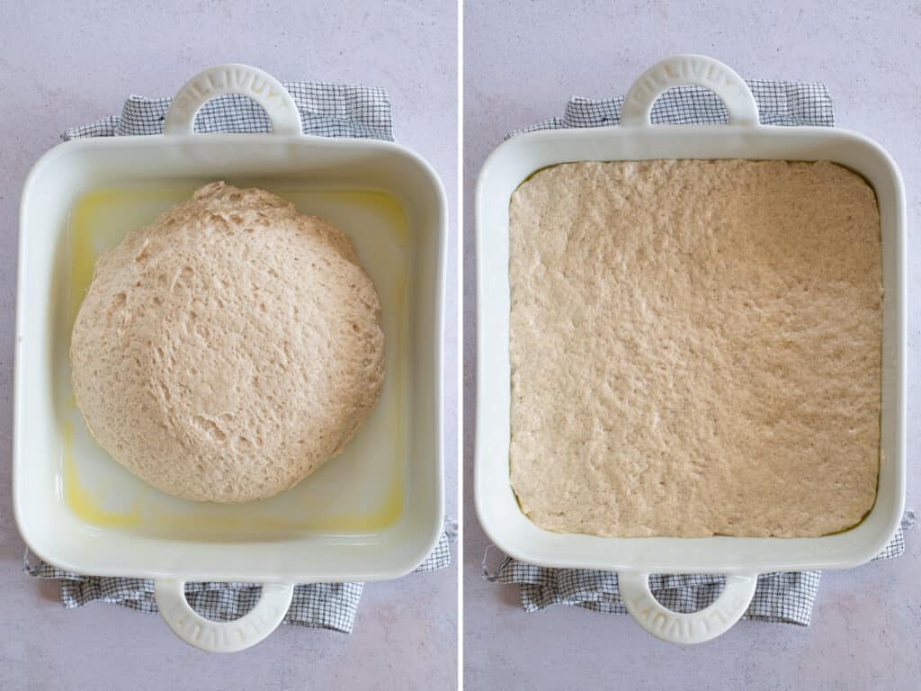 The dough has been added to a ceramic dish and spread out evenly.