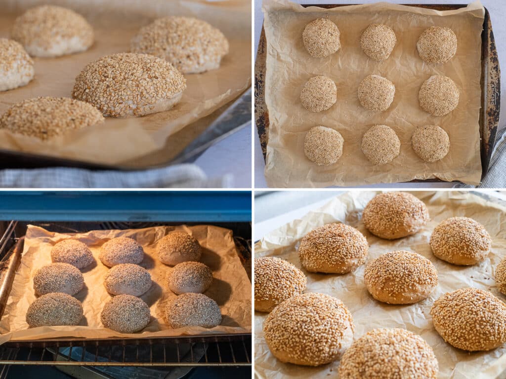 Baking the gluten-free sesame crusted buns in the oven.