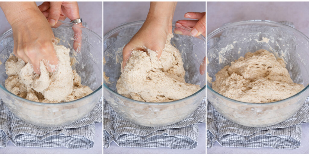 Mixing the dough in a glass bowl by hand.