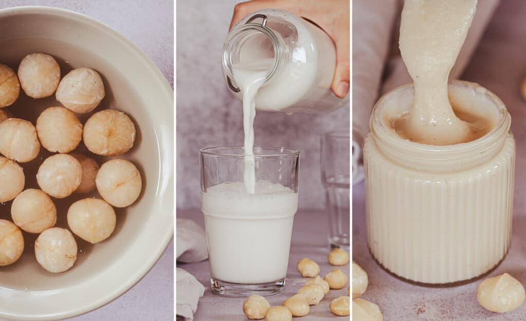 collage with macadamia nuts, macadamia milk and macadamia butter