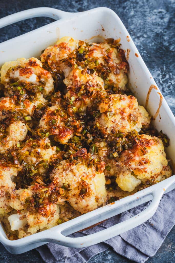 cauliflower gratin with caramelized leeks and pecans