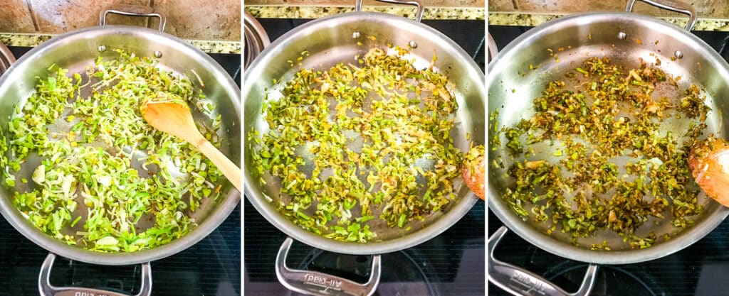 caramelizing leeks in a stainless steel pan collage