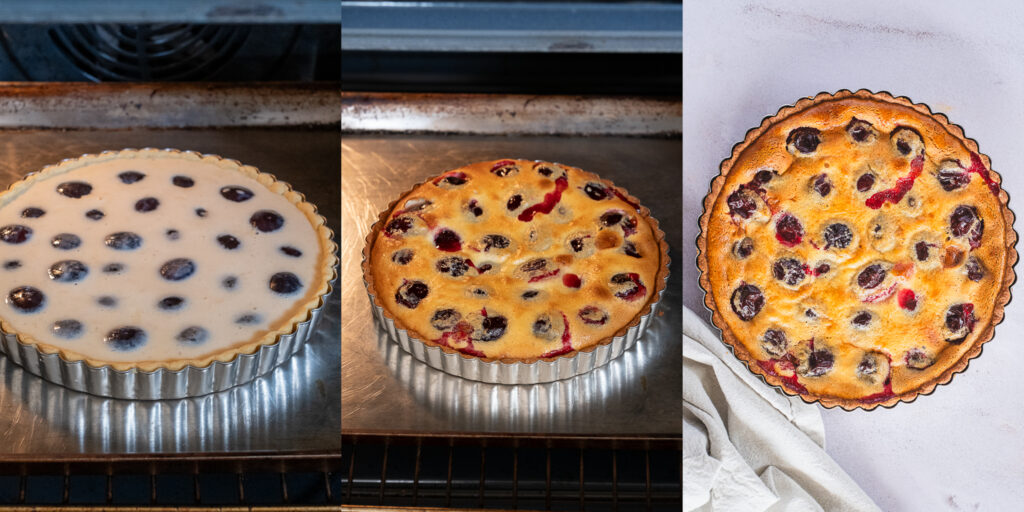 Collage of a plum tart: right after getting into the oven, almost baled, and immediately after baking