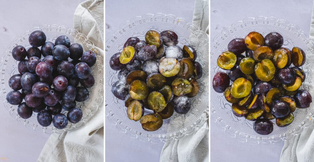 collage of three photos of plums: whole plums on a glass plate, halved plums dusted with allulose, and halved plums before baking