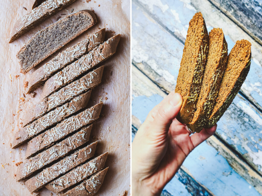 gluten free savory caraway biscotti before and after second bake