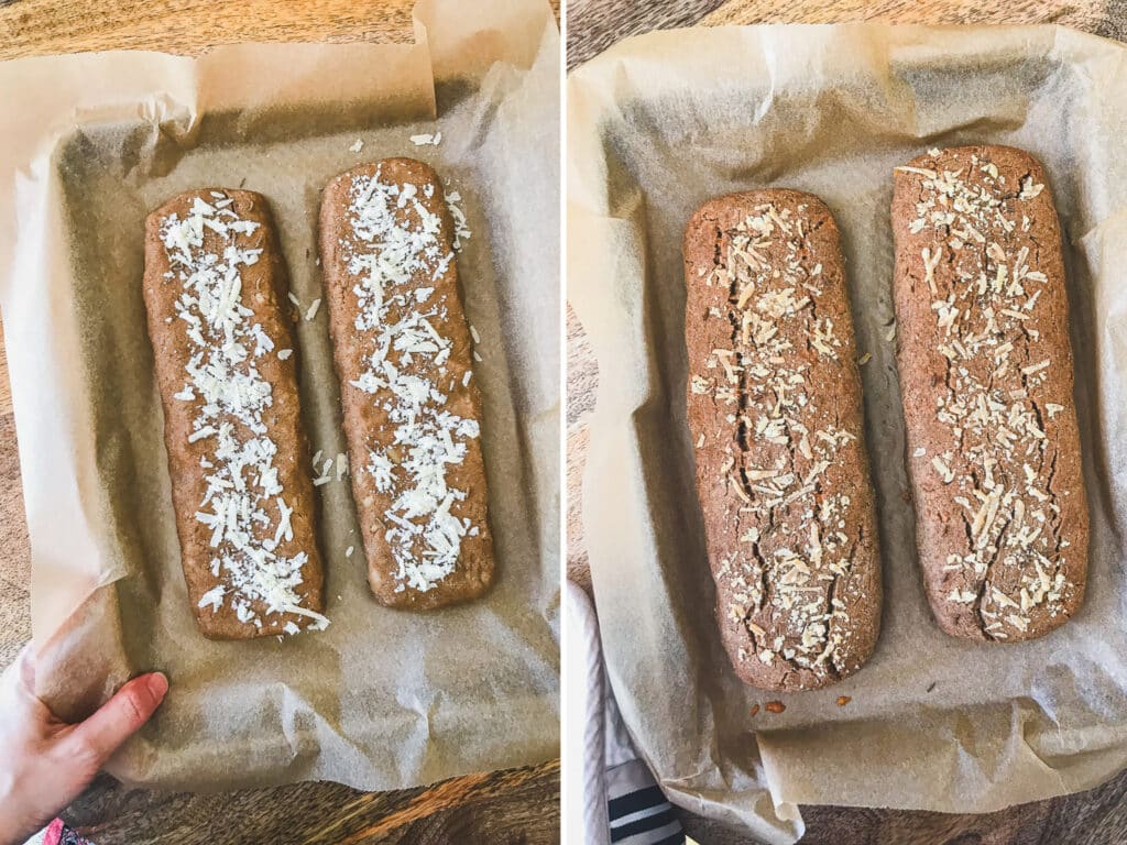 gluten free savory caraway biscotti dough before and after the first bake