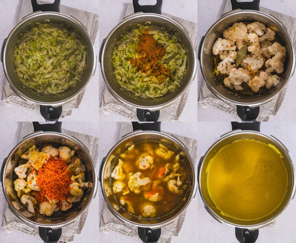 collage of 6 steps to make creamy red lentil and cauliflower soup in a pressure cooker
