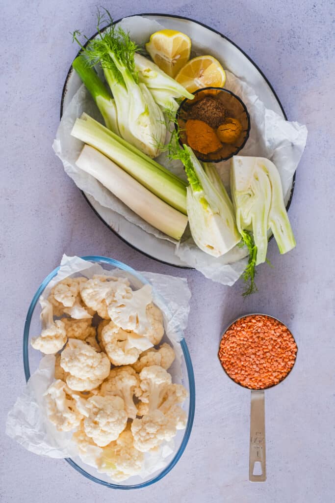 fennel, leeks, cauliflower, split red lentils, lemon, and spices