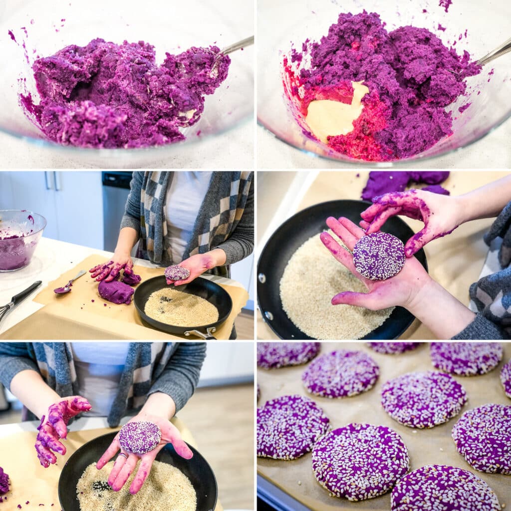 The process of making the dough, shaping the cookies, and coating them with sesame seeds.