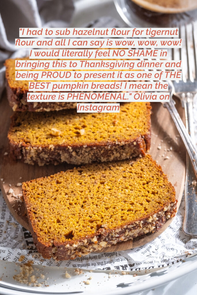 testimonial written on a picture of Pumpkin bread slices