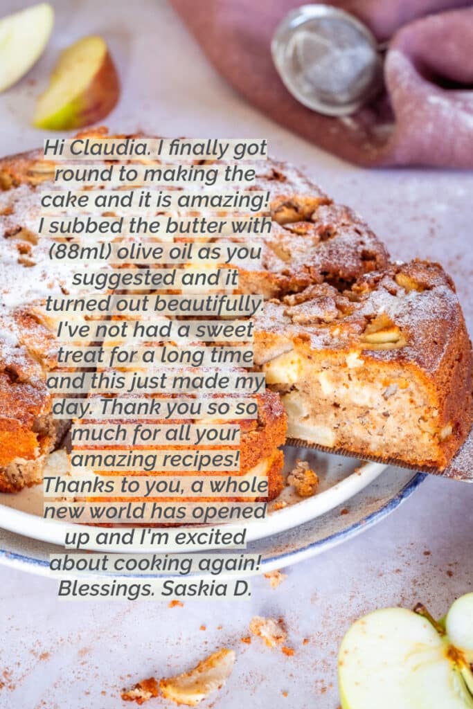 testimonial written on a picture of gluten free Apple cake