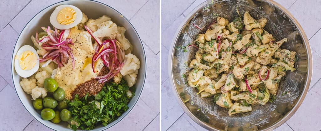 mixing ingredients for the sardine and cauliflower salad