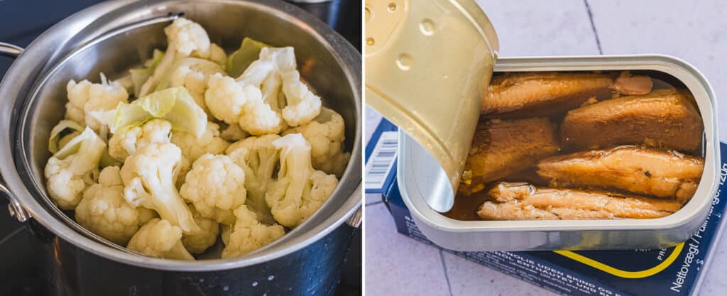 steamed cauliflower and sardines in a can
