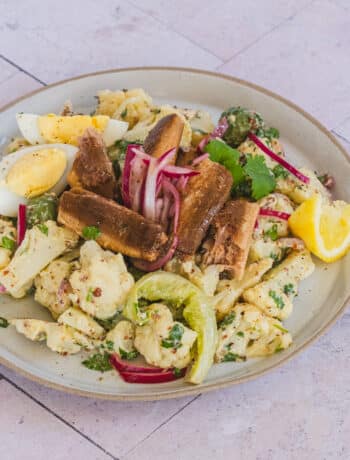 Sardine and cauliflower salad on a platter